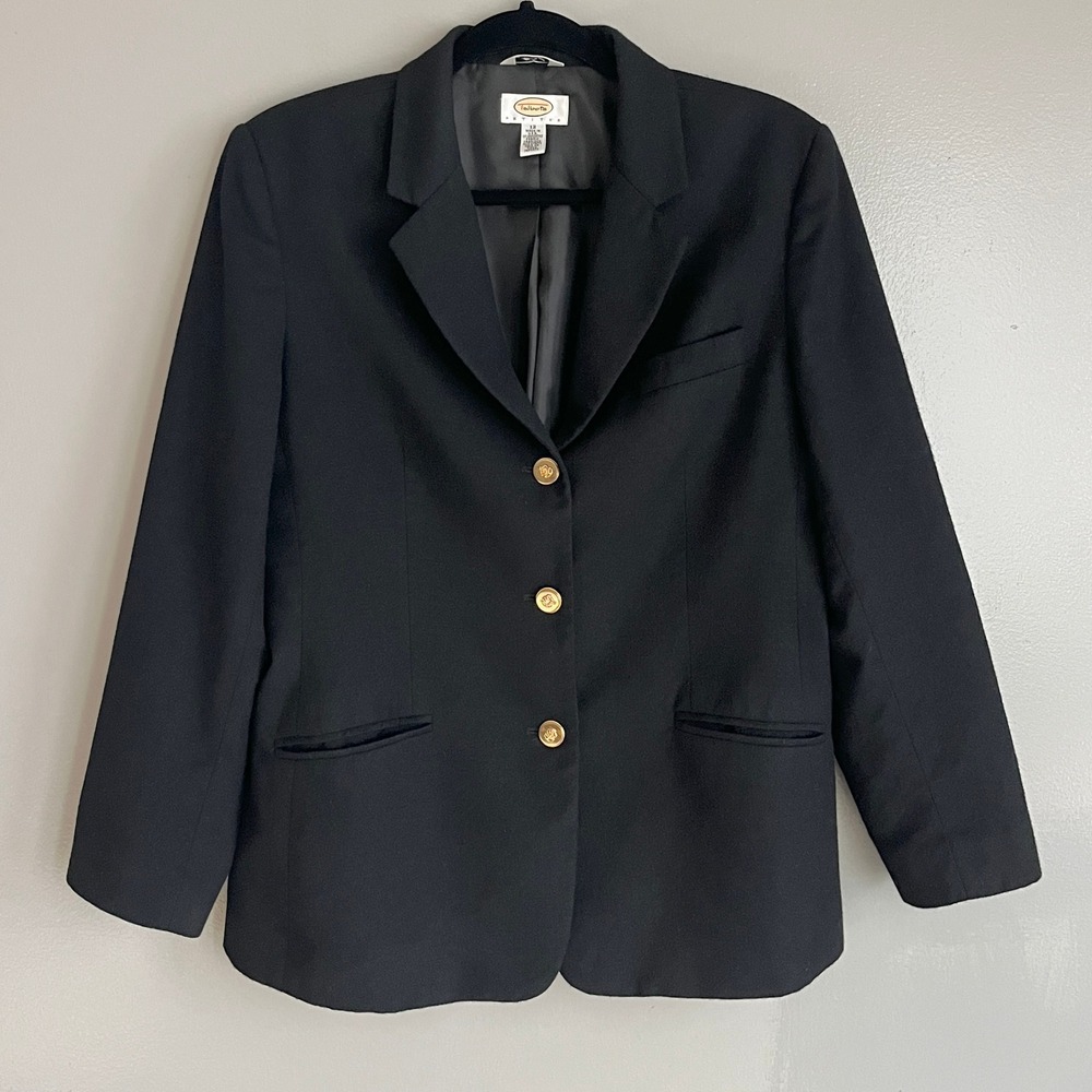 Talbots Blazer Women 12P Black Italian Wool Vintage Gold Buttons Preppy Classic